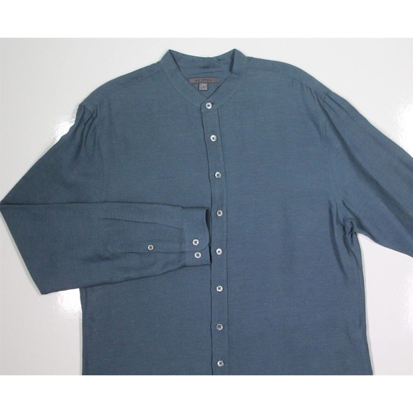 John Varvatos Aqua Twill Collarless Banded Collar Linen Button-Up Shirt~ S - Picture 3 of 7